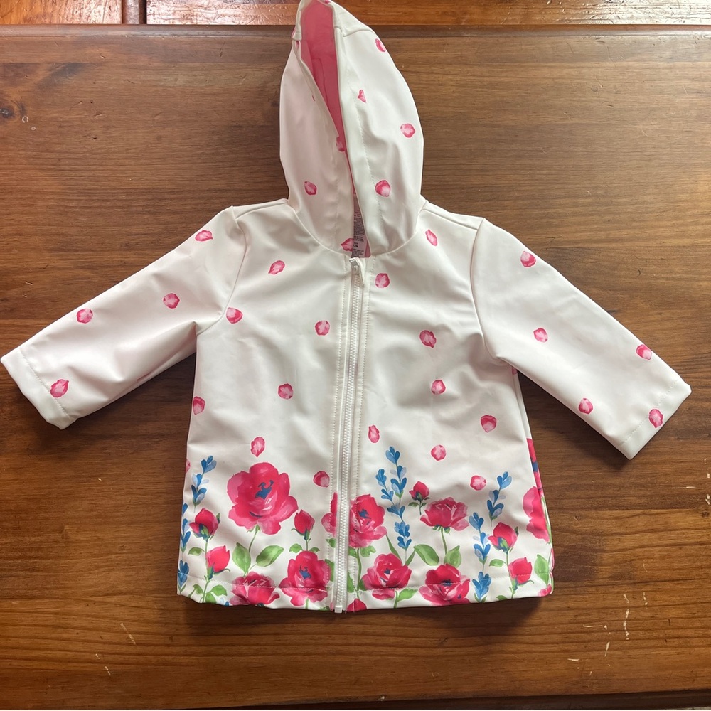 Floral Hooded Rain Coat with Pink and Blue Accents
